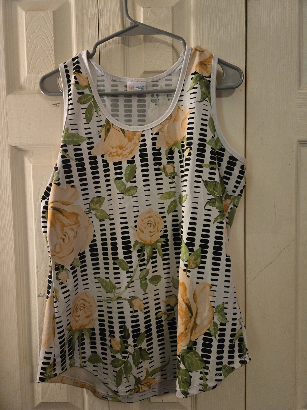 LuLaRoe Yellow Rose Floral Tank with Black-and-White Stripes
